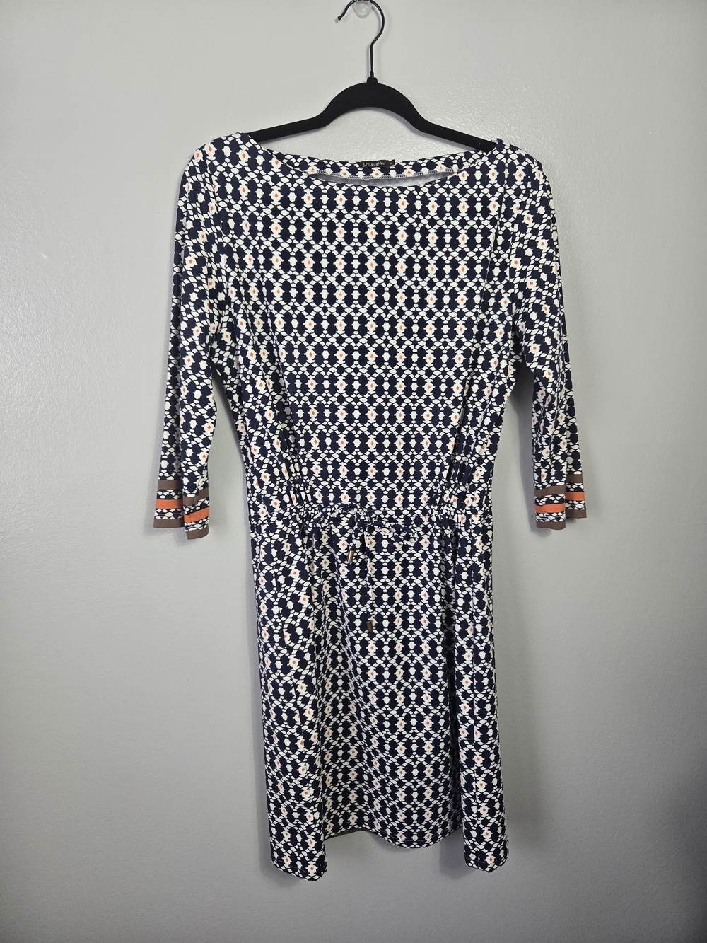 J.McLaughlin Catalina Cloth Navy Geometric 3/4 Sleeve Waist Tie Dress Size Large - Picture 2 of 7